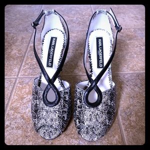 Karl Lagerfeld leather 6 black white strappy heels